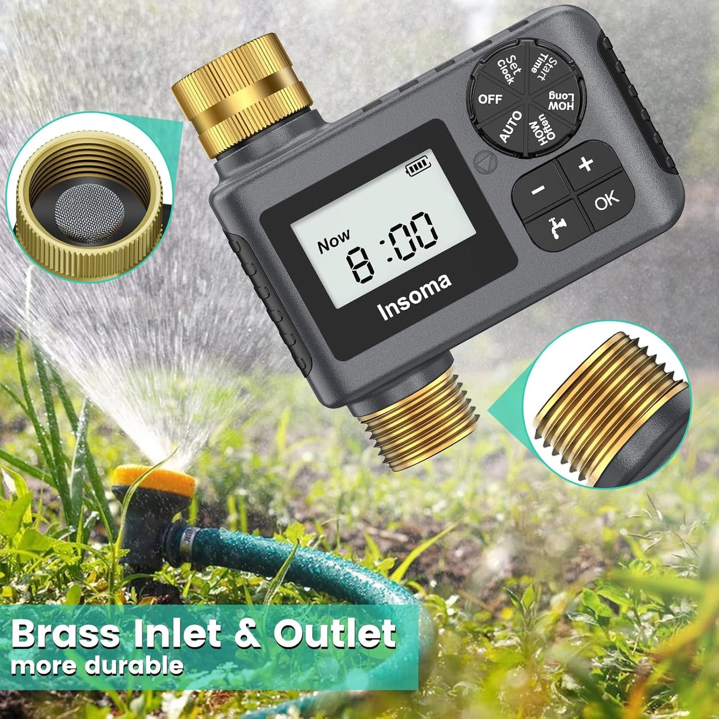 Sprinkler Timer - Programmable Water Timer with Brass Inlet/Outlet for Garden Hose | 1 Outlet with Rain Delay