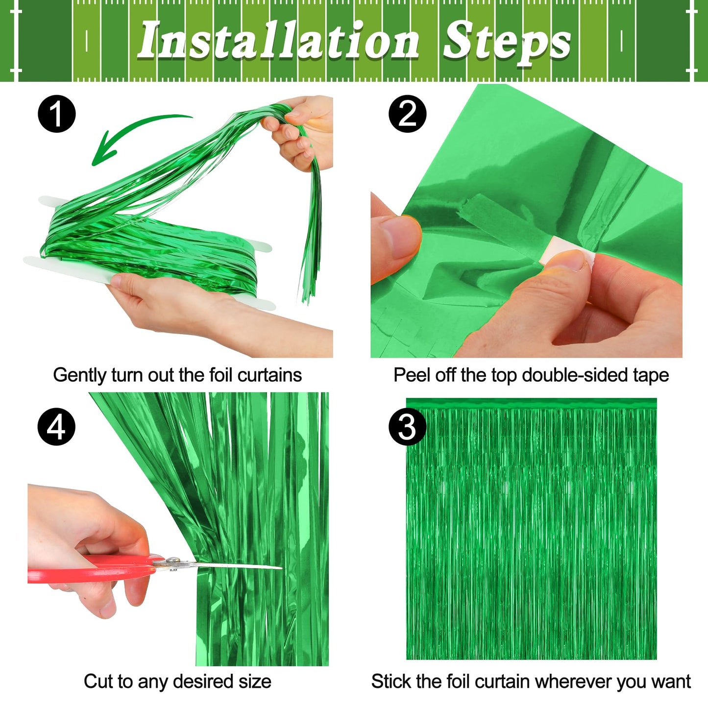 12 Pack Party Decorations, 3.28 FT x 7.05 FT Green Streamer, Metallic Birthday Backdrop Foil Fringe Curtains Green Tinsel, Party Supplies Photo Booth Props Door Wall Indoor Decor