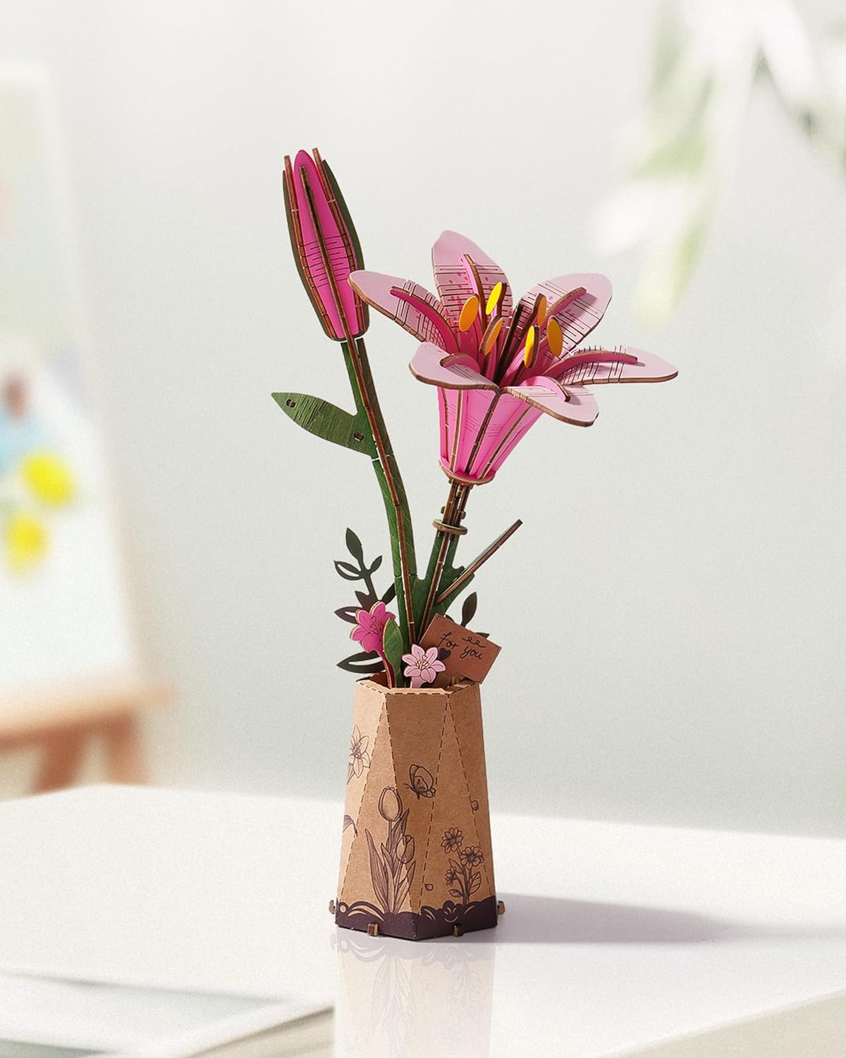 Skiennix 3D Flower Wooden Puzzle - Pink Lily DIY Model Kit for Adults | Creative Gift for Mother's Day (73PCS)
