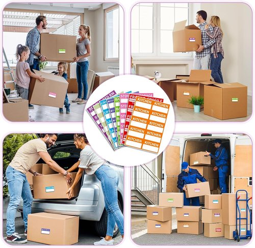 340 Home Moving Labels - Color-Coded Packing Box Stickers with Fragile & Customizable Options | 3.4 x 2 Inches