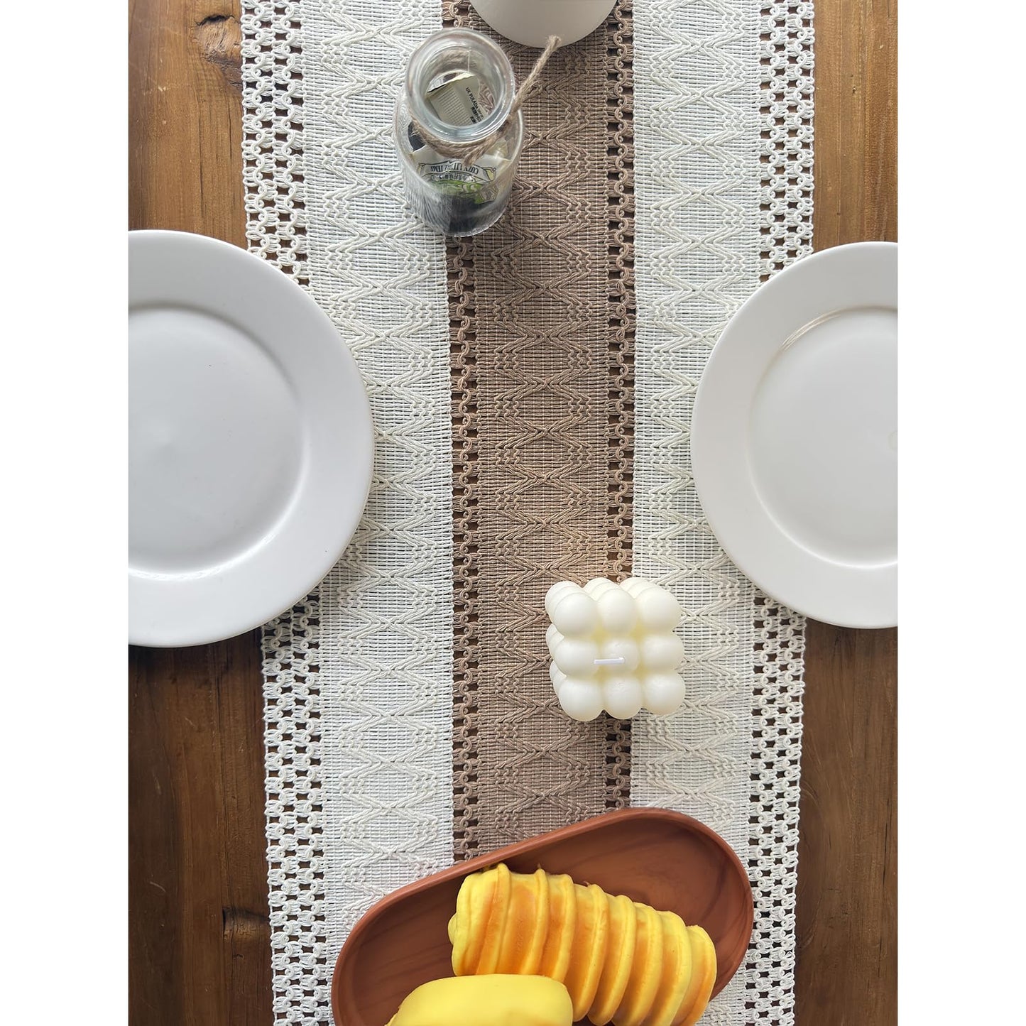 Vanzard Boho Table Runner for Spring Home Decor with Tassels 72 Inches, Farmhouse Rustic Cream & Brown Table Runners for Bohemian Kitchen Summer Dining Table(12x72in, Fringe Included)