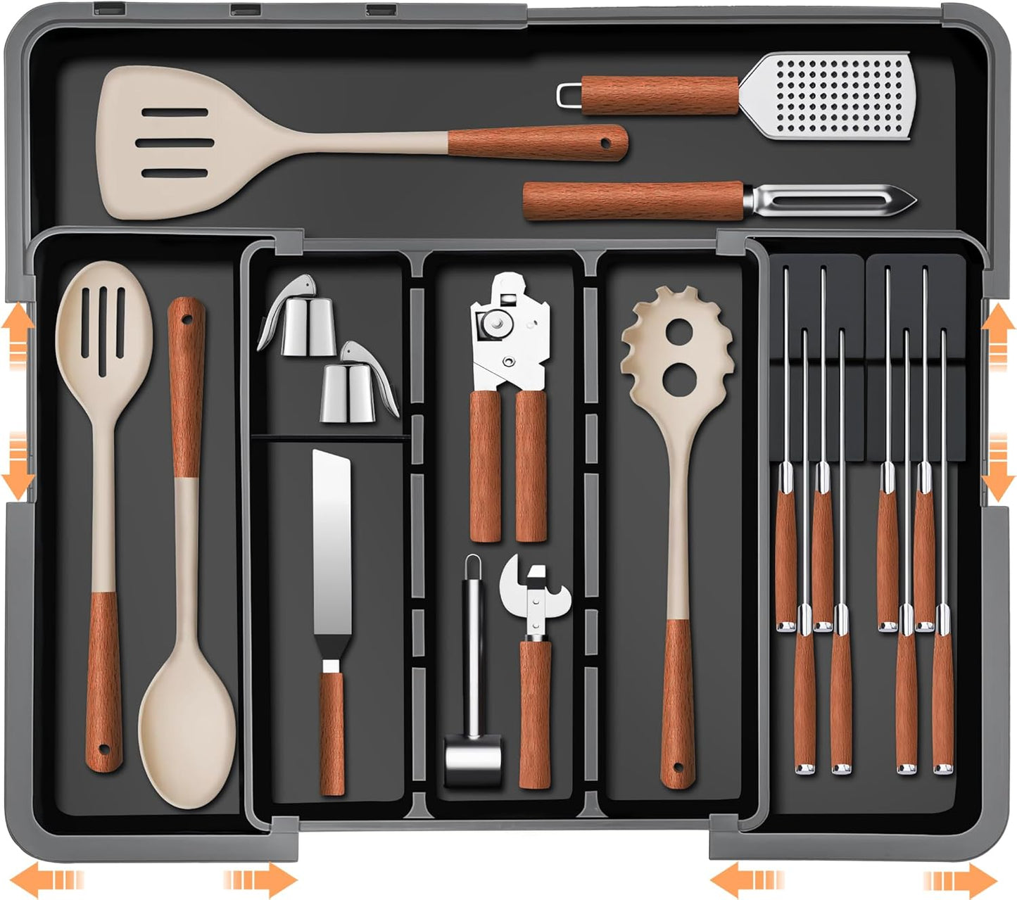 Skiennix Large Utensil Drawer Organizer - Expandable Silverware Holder with Removable Knife Block | Black