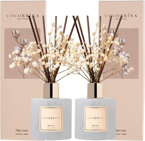 Cocorrína Reed Diffuser Set - 6.7 fl. oz Clean Linen Scented Home Fragrance | 2 Packs with Sticks