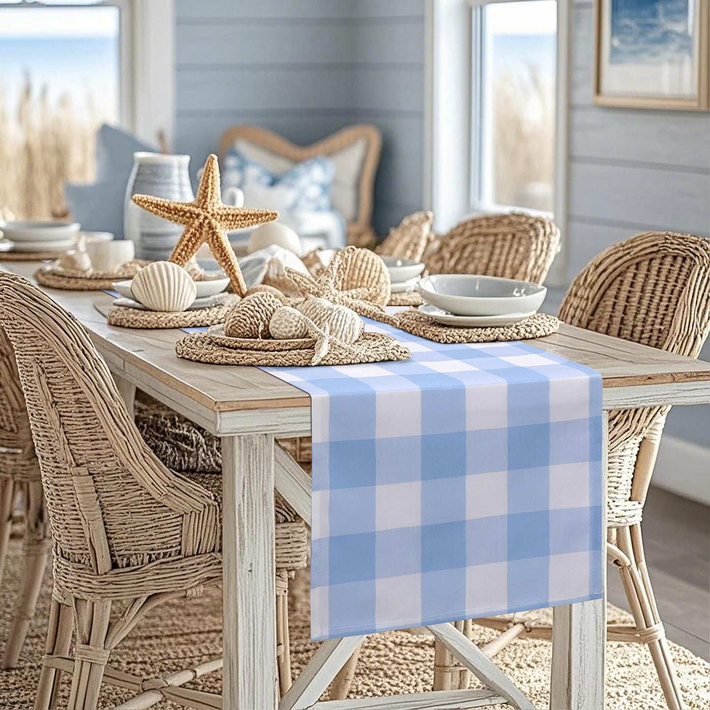 tiosggd Gingham Table Runner Light Blue and White, Spring Buffalo Plaid Check Table Cloth 72 Inches Long Table Decor, Summer Party Suppliers for Rustic Farmhouse Birthday Wedding Baby Shower Party