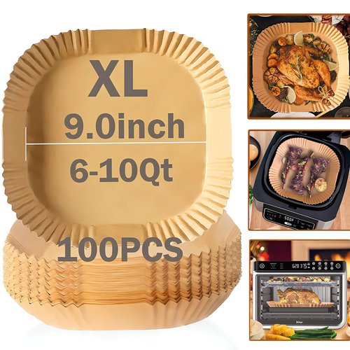 Ailifeer Air Fryer Disposable Paper Liner, Natural Baking Parchment Paper Air fryer liners,Thickened Oil-Proof High Temperature,for Air Fryers,Ovens,Pan and Microwaves (9inch-XL-Thick, square-Brown)