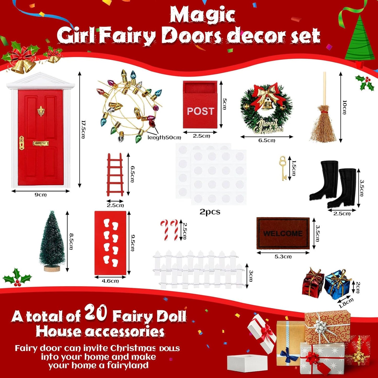 Skiennix 20 Pcs Christmas Elf Fairy Doors - Enchanted Wooden Miniature Outdoor Decor for Girls | Red