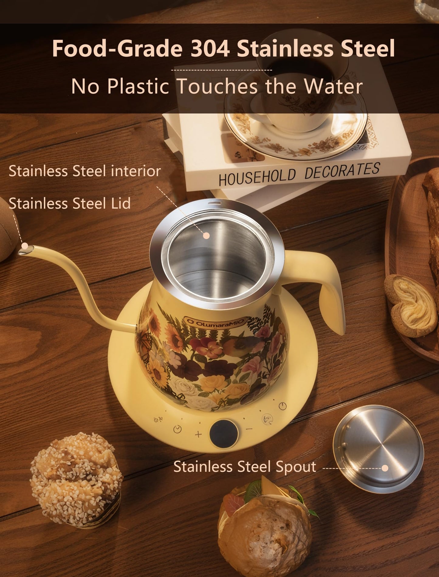Olumaramio 0.8L/27oz Gooseneck Electric Kettle - ±1℉ Precise Temperature Control for Pour Over Coffee & Tea, 1200W Fast Heating, Auto Shut-Off, Built-in Brew Timer, BPA-Free Stainless Steel, Floral