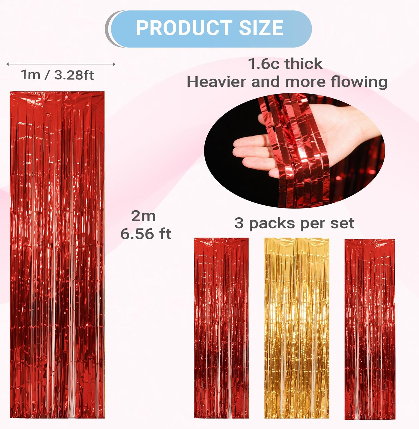 3 Packs Red Gold Foil Fringe Curtains Extra Wide 9.9ft for Birthday Party Tinsel Backdrop Movie Night Decor Farewell Party Streamer,Retirement Decorations, Backdrop for Graduations Each 3.3 x 6.5 ft