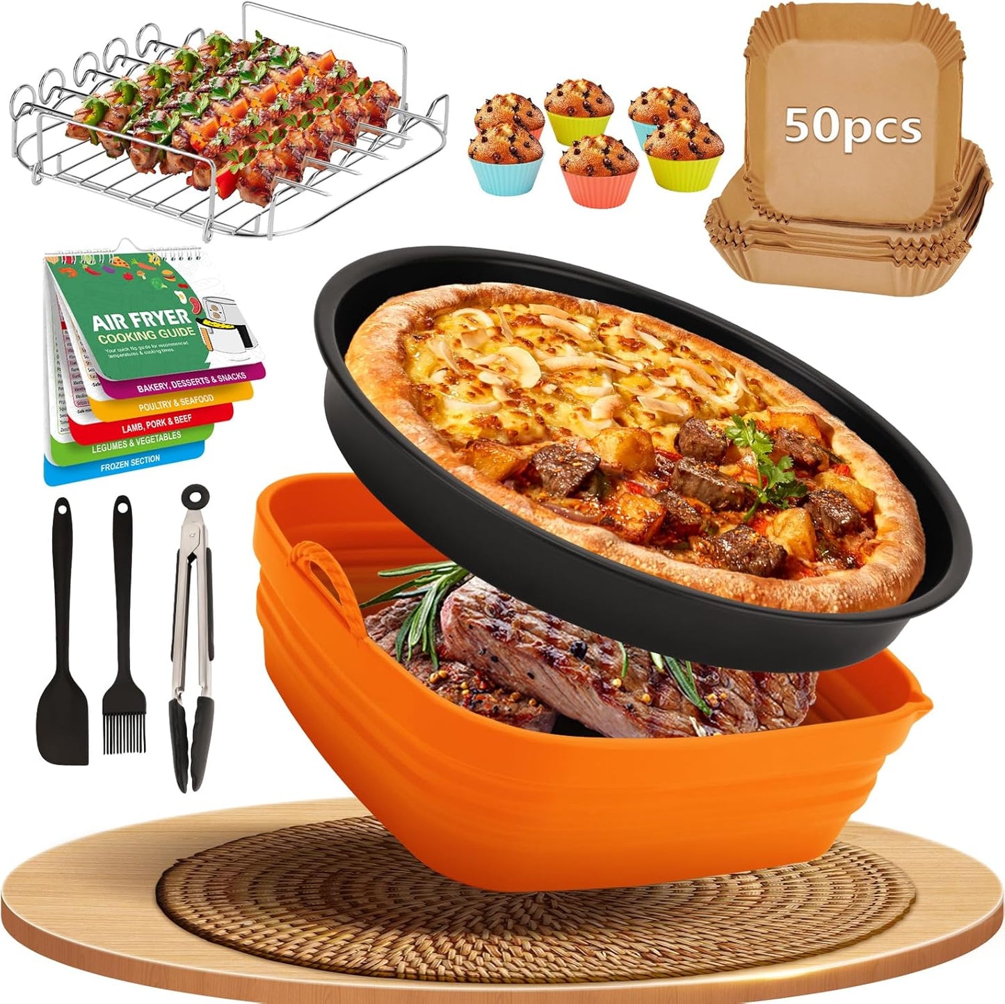 Skiennix 14-Piece Air Fryer Accessories Set - Silicone Liners, Pizza Pan & Baking Cups | Fits 5.8-8QT Models
