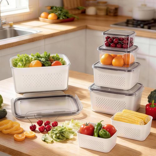 HOMETALL 5-Pack Fruit Storage Containers - Leakproof Fridge Organizers with Removable Colanders | Ideal for Berries, Vegetables, and Salads