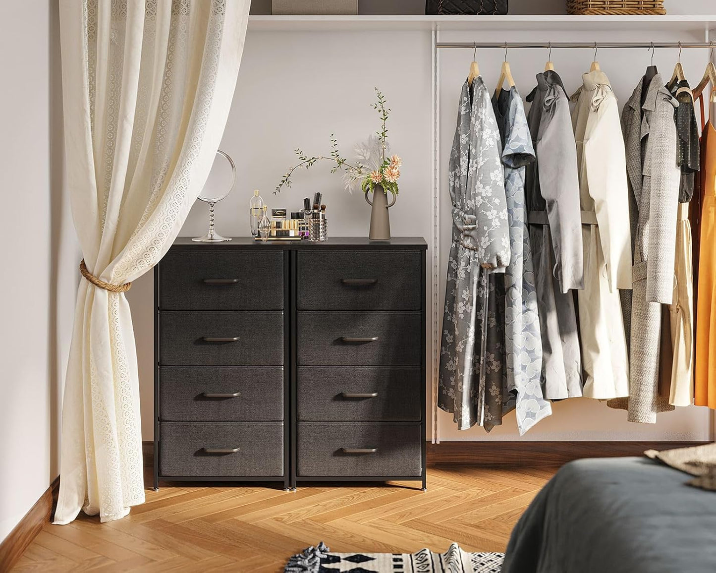 AODK Dresser - 4 Drawer Fabric Chest with Sturdy Steel Frame - Stylish Black Bedroom Storage