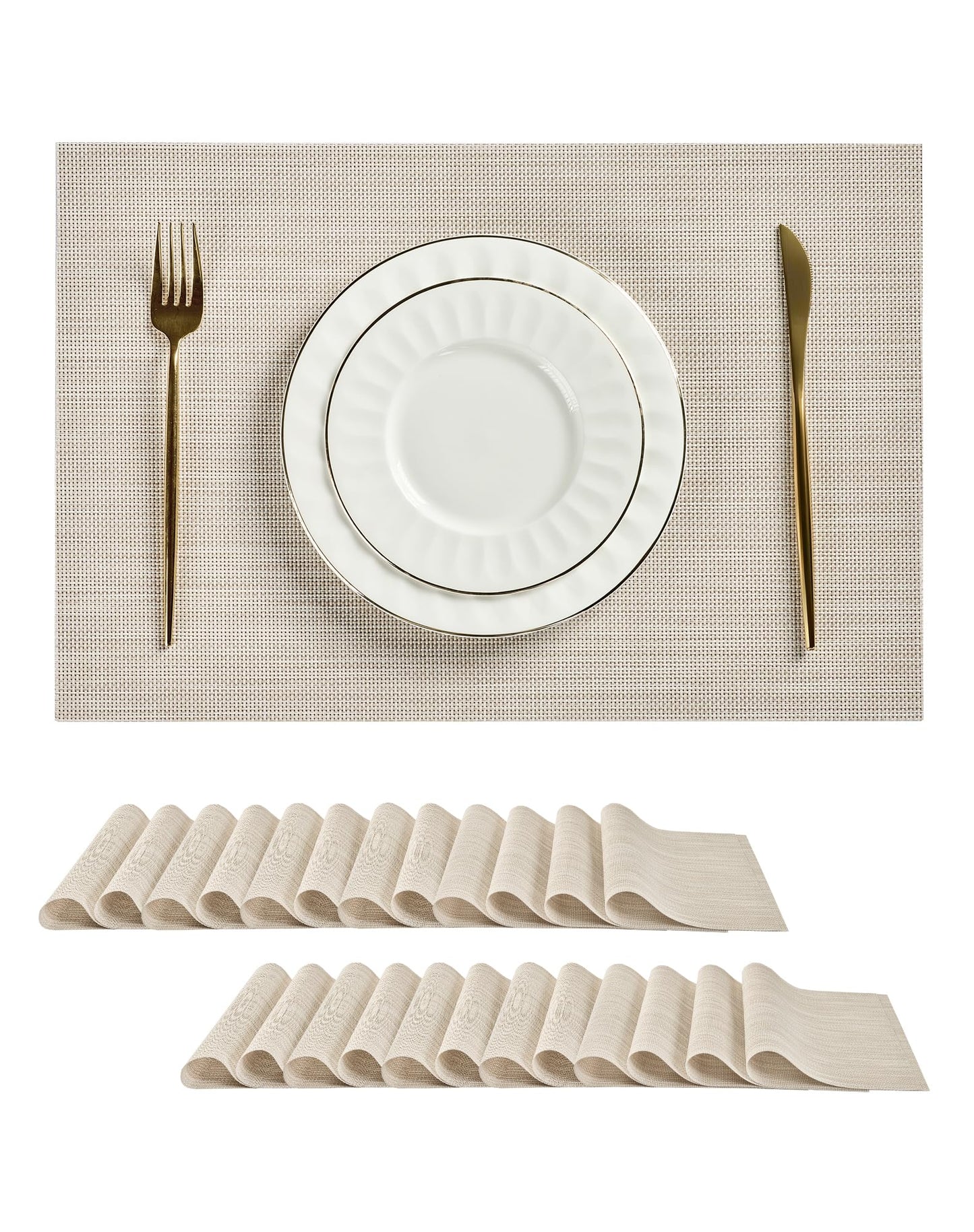 Leetaltree Beige Placemats Set of 24 - Heat Resistant Non-Slip Place mats for Dining Table, Washable Durable PVC Vinyl Woven Table Mats(Beige, 24)