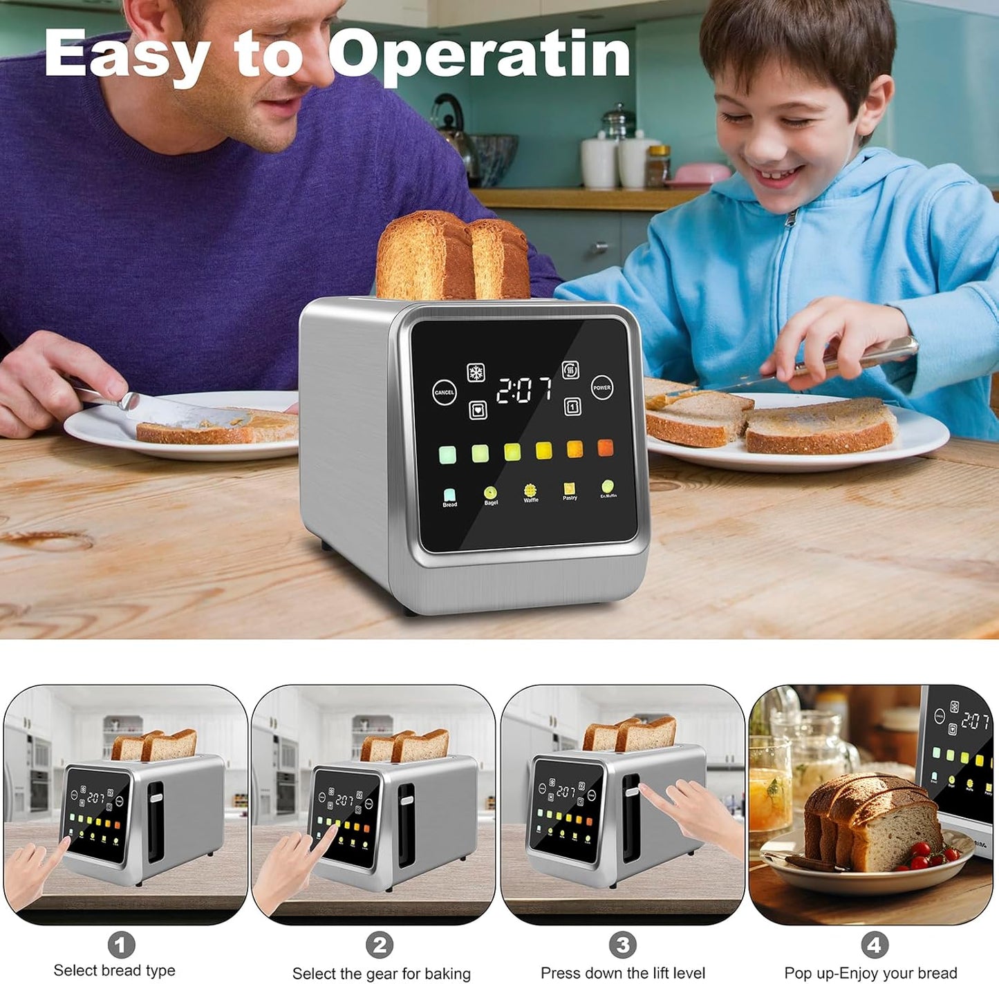 Skiennix Touch Screen Toaster - 2 Slice Stainless Steel with LCD Display & Extra Wide Slots