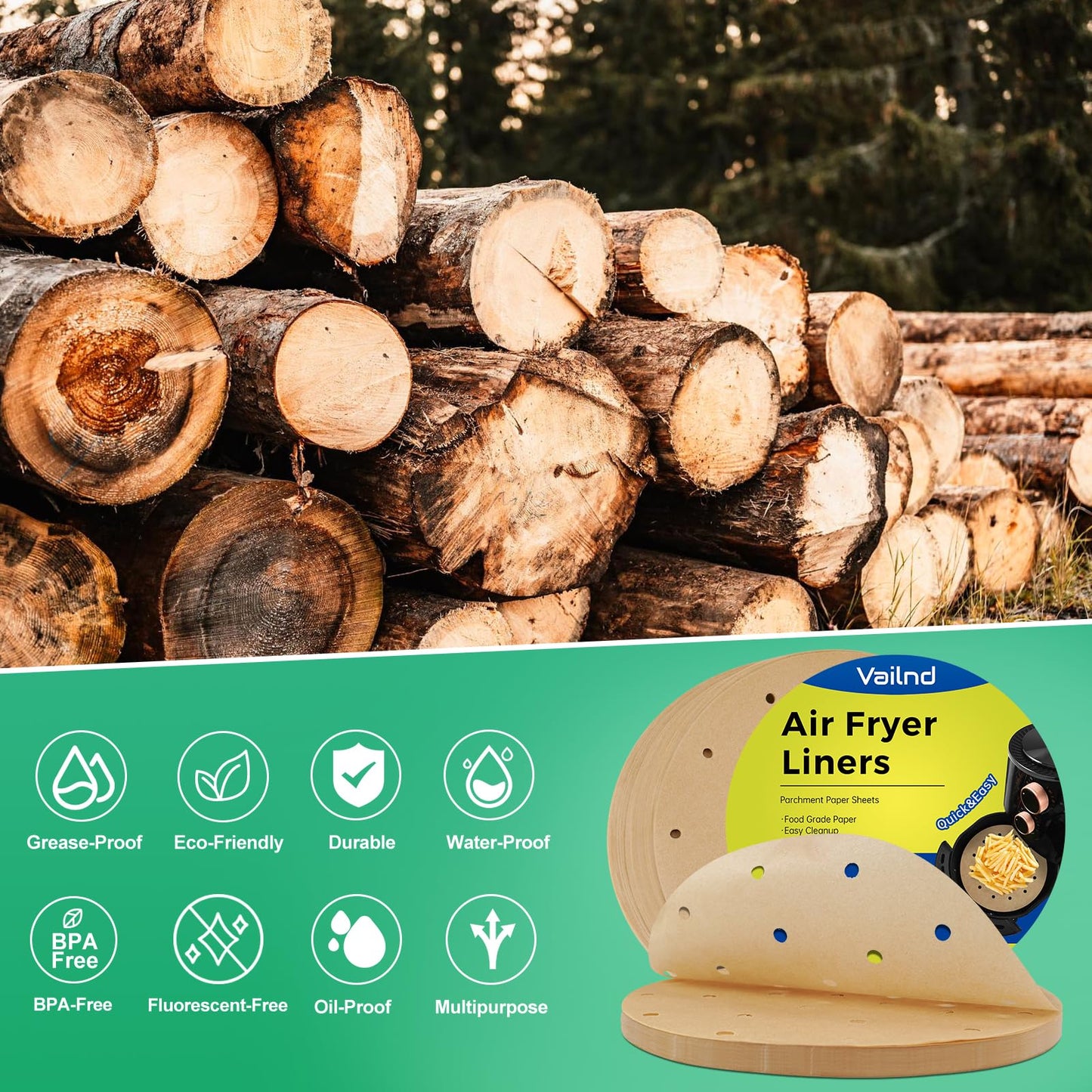 Vailnd Air Fryer Parchment Paper, 50pcs Disposable Air Fryer Liners Round, 8.5In Unbleached Parchment Paper Sheets, Perforated Food Steamer Liner for Baking Cooking