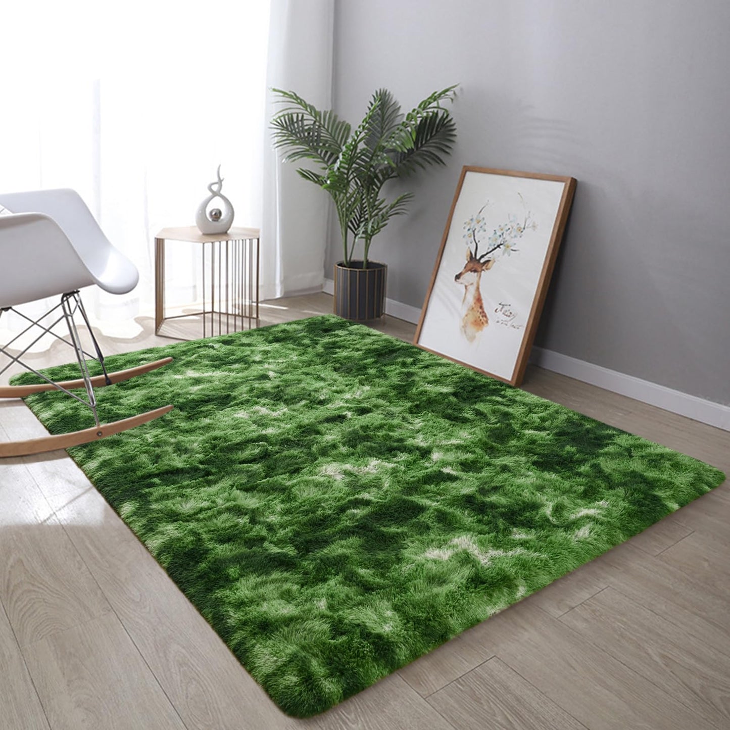 DweIke Extra Large Fluffy Area Rug, 5x8 ft Modern Indoor Carpets for Living Room Bedroom, Plush High Pile Tie-Dyed Dark Green Rug for Girls Kids Playroom Classroom Nursery Home Décor, Dark Green