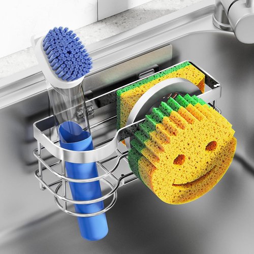 Cisily Smiley Sponge Holder - Stainless Steel Kitchen Sink Caddy with Suction Cup | Silver Scrubber Organizer