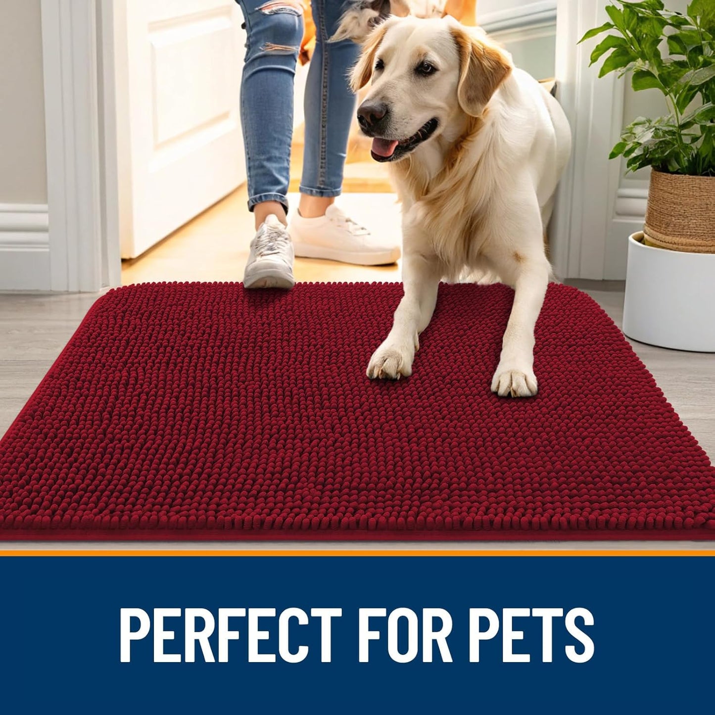 OLANLY Dog Door Mat - Absorbent Non-Slip Washable Chenille Mat for Muddy Paws | 44x32 Red