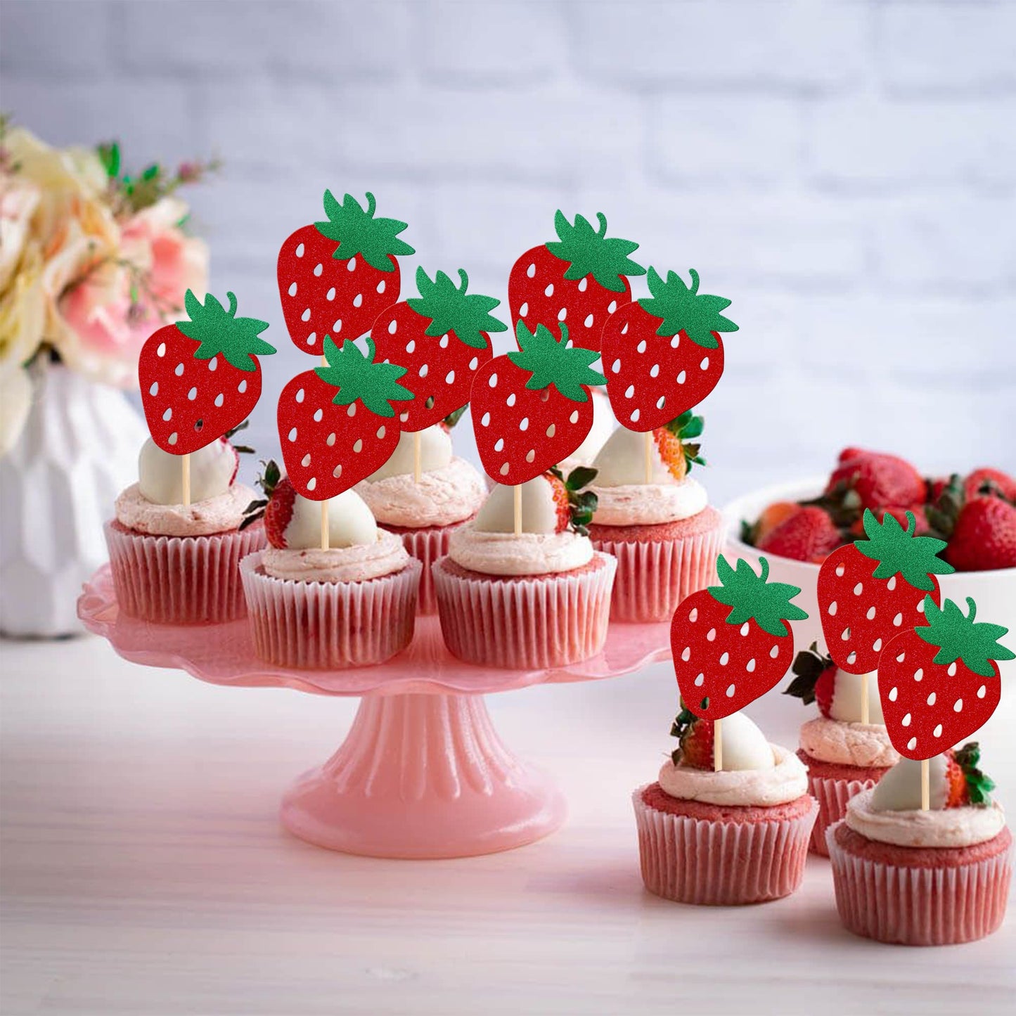 24 PCS Strawberry Cupcake Toppers Red Glitter Fruit Theme Berry Strawberry Cupcake Picks for Summer Sweet Fruit Baby Shower Kids Birthday Party Cake Decorations Supplies
