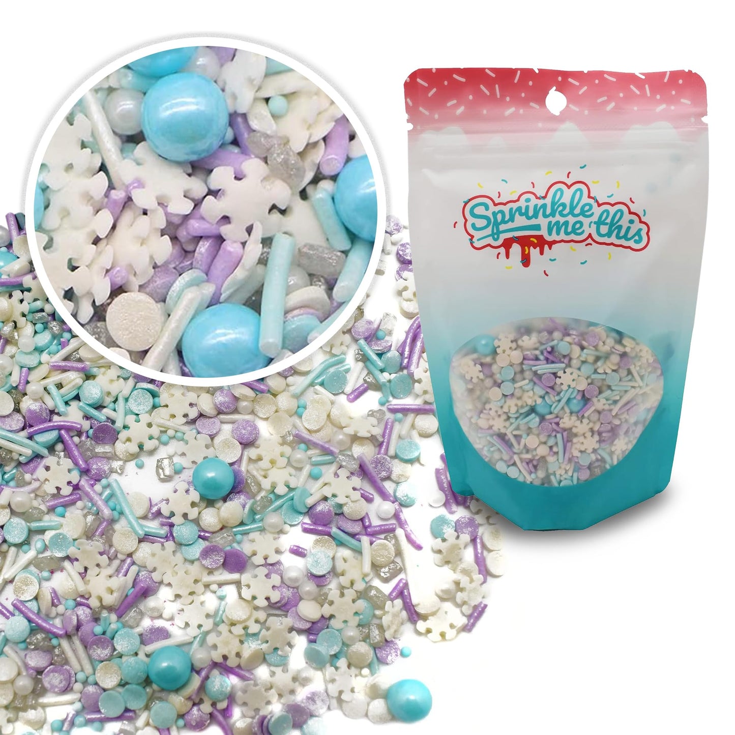 Let it Sprinkle - 12 Oz Resealable Bag - Winter and Christmas Themed Sprinkle Mix - Features Teal, Purple, and White Jimmies, Teal Pearls, and White Snowflake Quins - Cake and Ice Cream Sprinkles