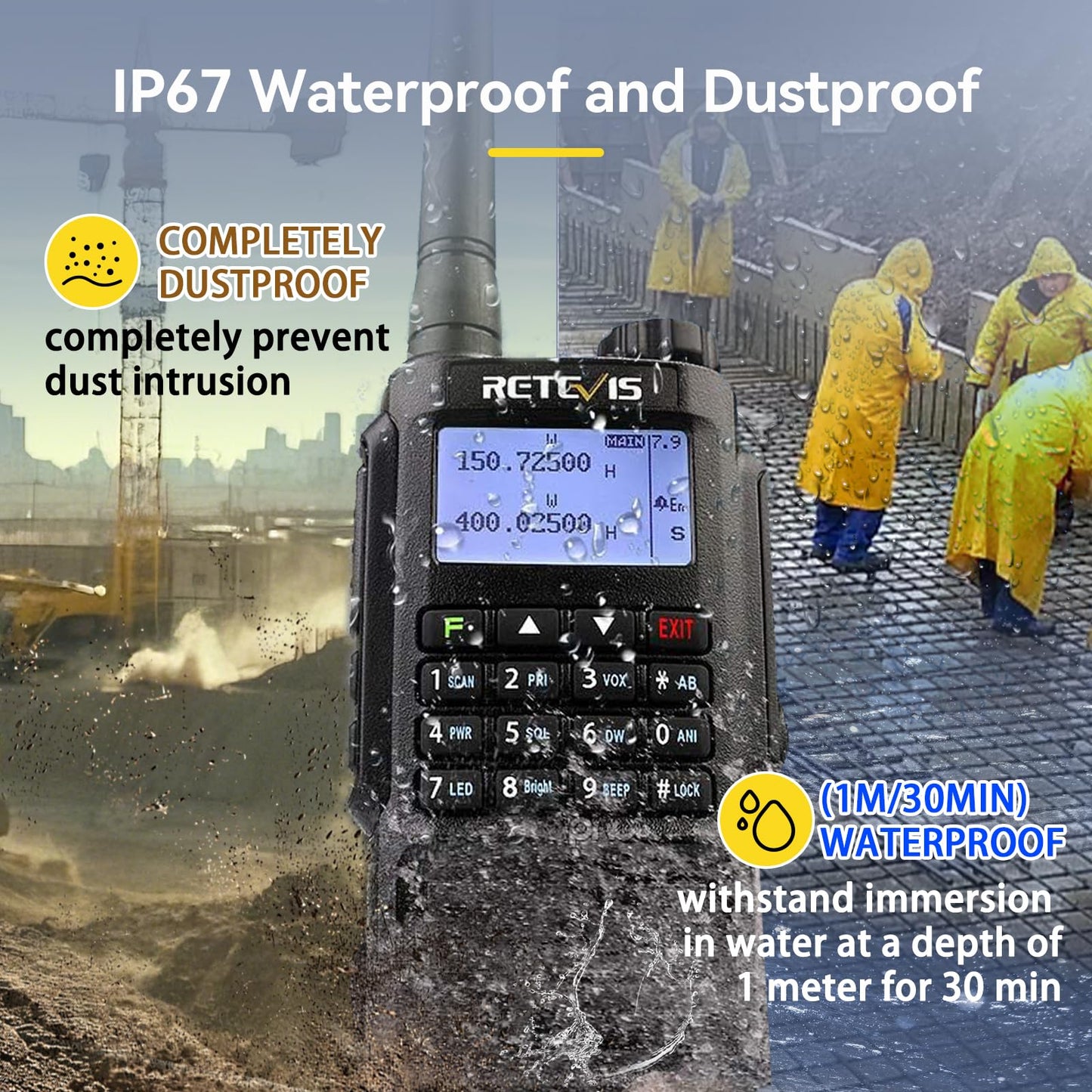 Retevis RT87 2 Way Radio Long Range, IP67 Waterproof 1m/30min,Fully Dustproof, Rugged Two Way radios,Emergency Alarm, 128 Channel, High Power, VOX, Walkie Talkie for Security Outdoor Camping(1 Pack)
