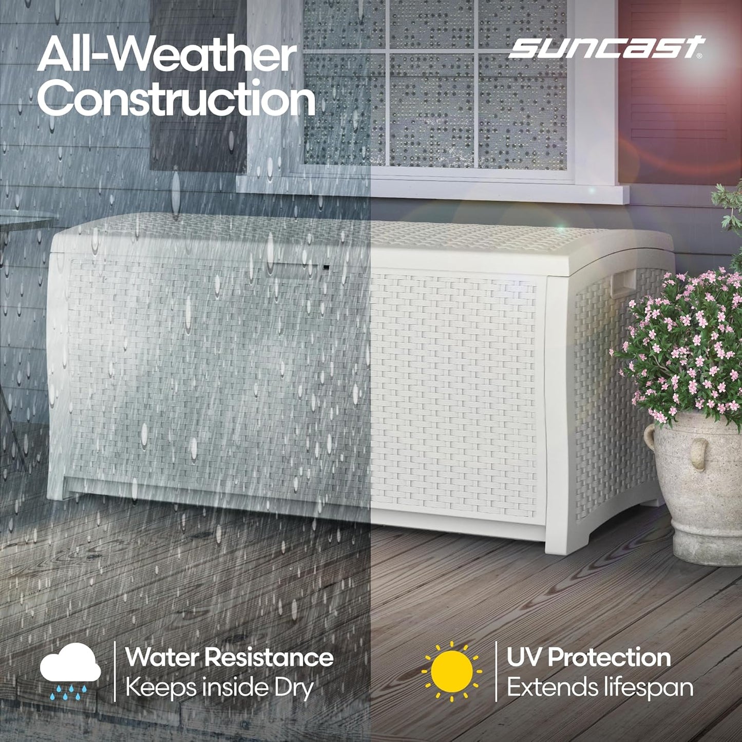 Suncast 99 Gallon Wicker Outdoor Deck Box - Water-Resistant Storage Solution for Patio & Yard, White