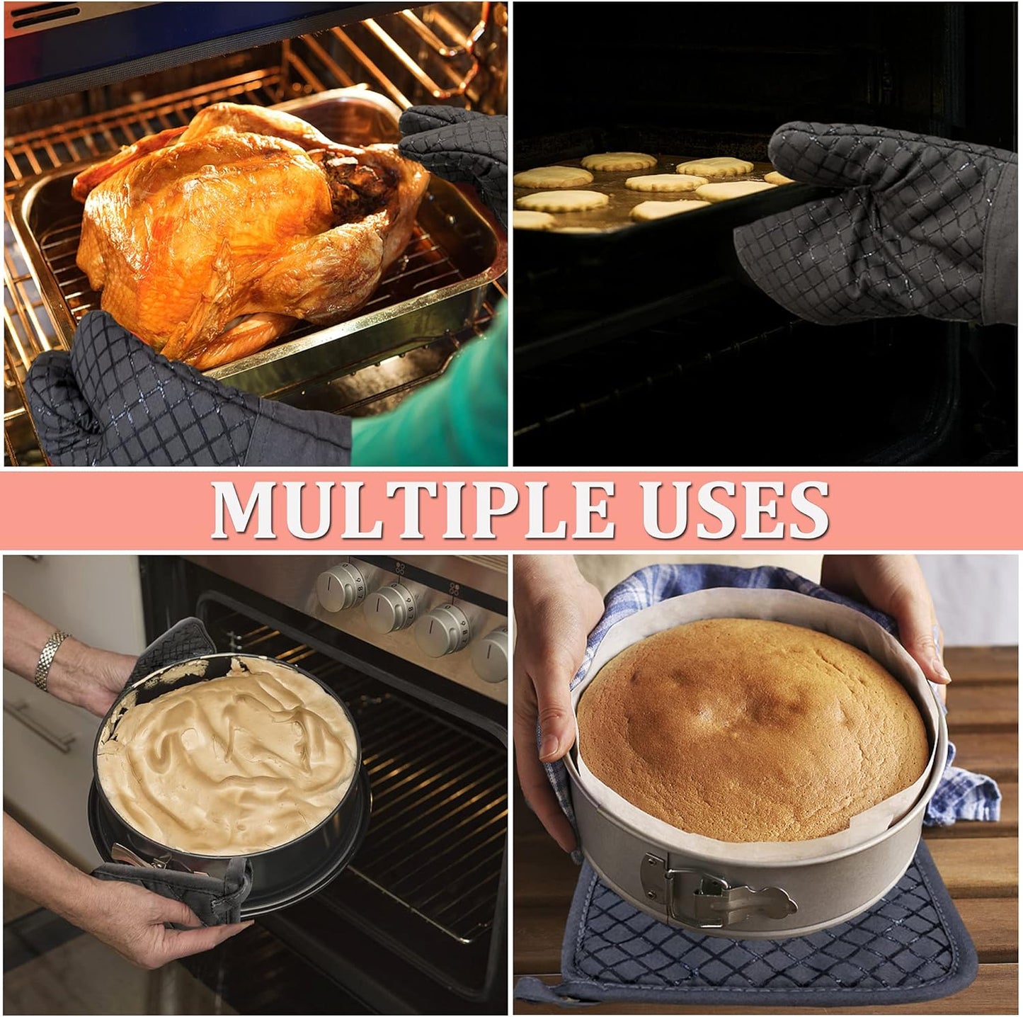 Skiennix Oven Mitts Set - 4 Pcs High Heat Resistant Kitchen Mitts & Pot Holders | Grey, Silicone Non-Slip