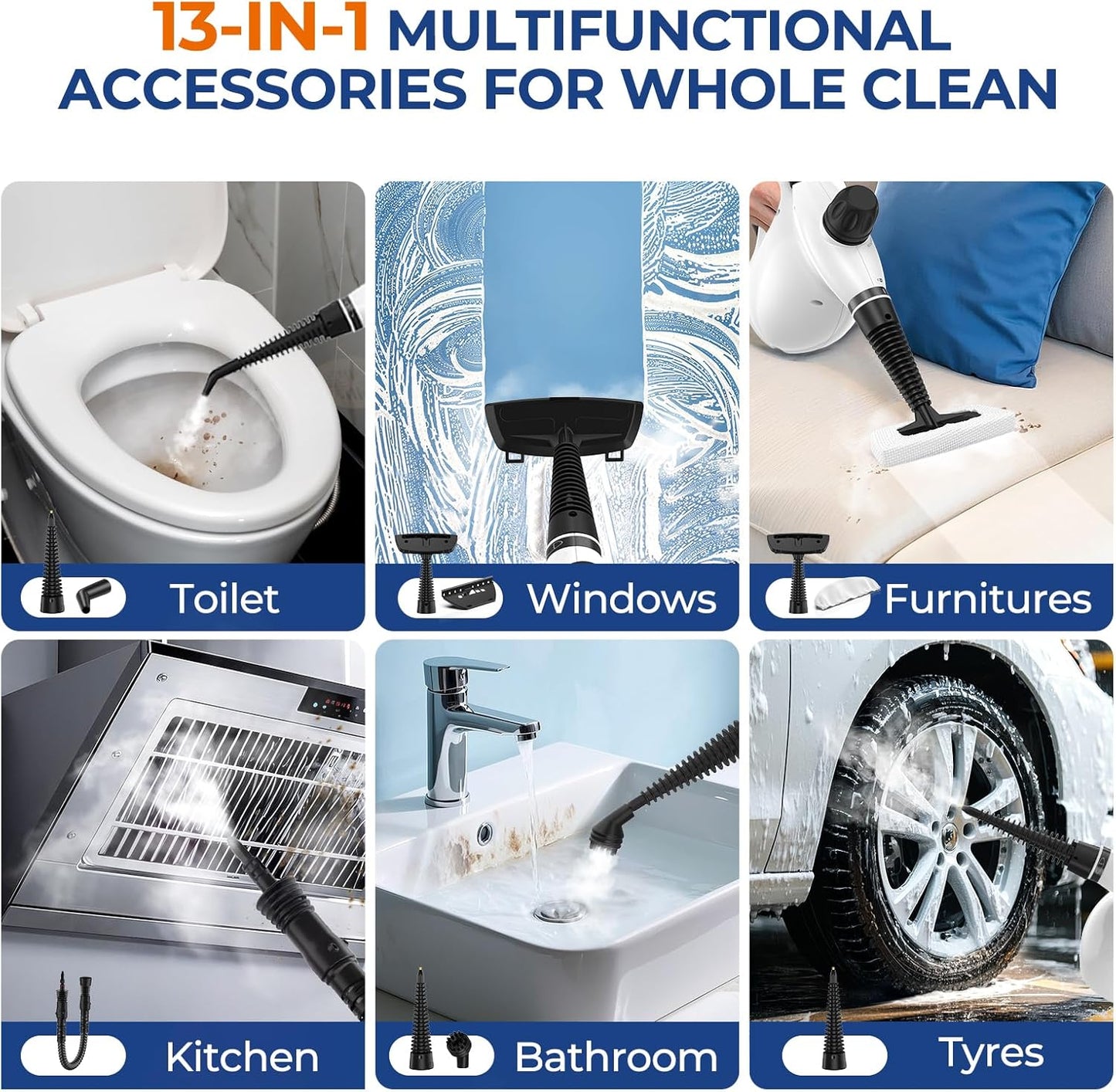Skiennix Steam Cleaner - Pressurized Handheld Multi-Purpose Deep Cleaning Steamer | 13-Piece Set, Portable for Home & Car