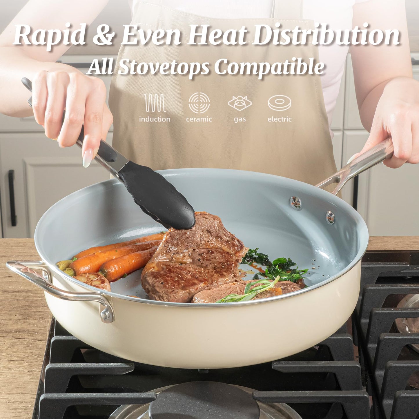 Nonstick Sauté Pan with Lid 5 QT Deep Frying Pan with Stainless Steel Helper Handle 12 inch Large Skillet Ceramic Jumbo Cooker for Healthy Cooking, Induction Compatible Cookware, PFOA Free