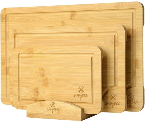 Bamboo Cutting Board Set for Kitchen - Chopping Board Set of 3 with Groove and Cutting Board Rack, Ideal for Bamboo Chopping Board Set for Chopping Meat, Vegetables, Fruits, Cheese