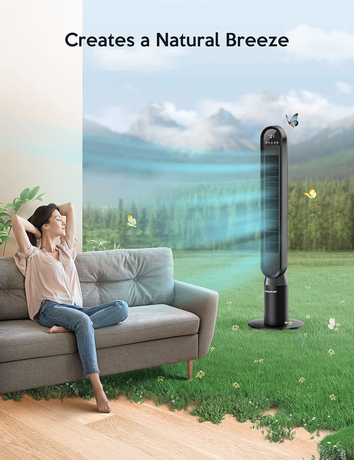 VAGKRI 42-Inch Tower Fan - Quiet Bladeless Indoor Fan with 135° Oscillation & Remote Control | 4 Modes, 4 Speeds, 15H Timer