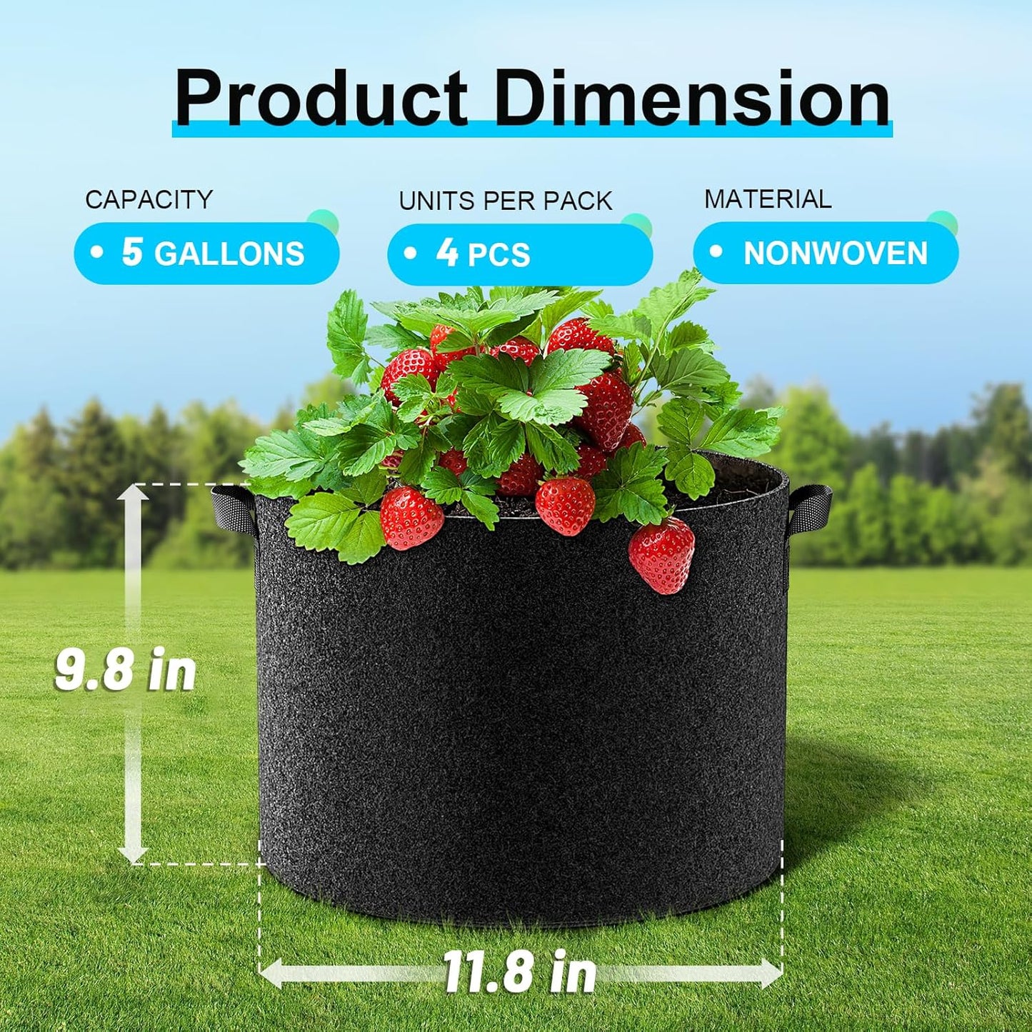 Land Guard 5 Gallon Fabric Grow Bags - 4-Pack Thickened Nonwoven Garden Pots with Handles | Black