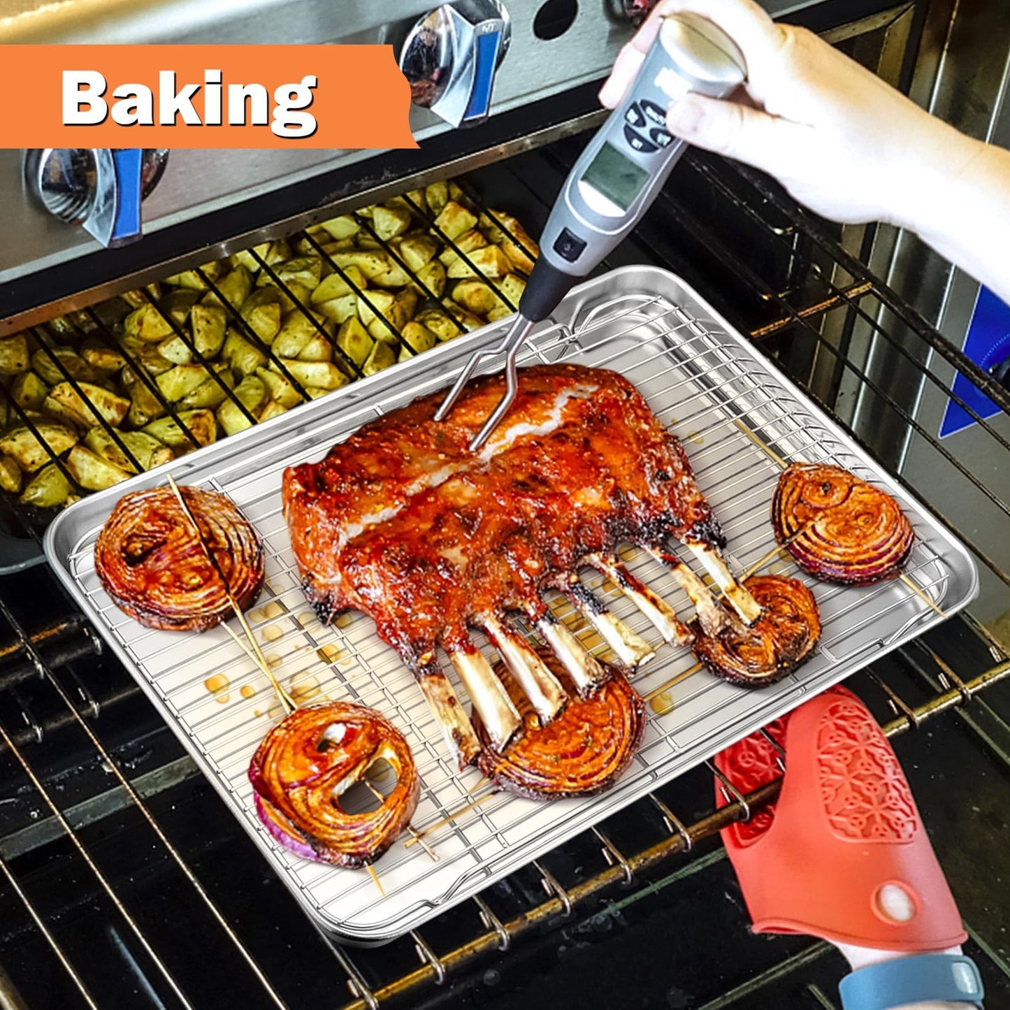 P&P CHEF Cooling Baking Rack Pack of 2, 16.6" x 11.5", Stainless Steel Cooling Racks for Cooking Baking Roasting Grilling Drying, Dense Wires & Smooth Edge, Easy to Clean, Silver