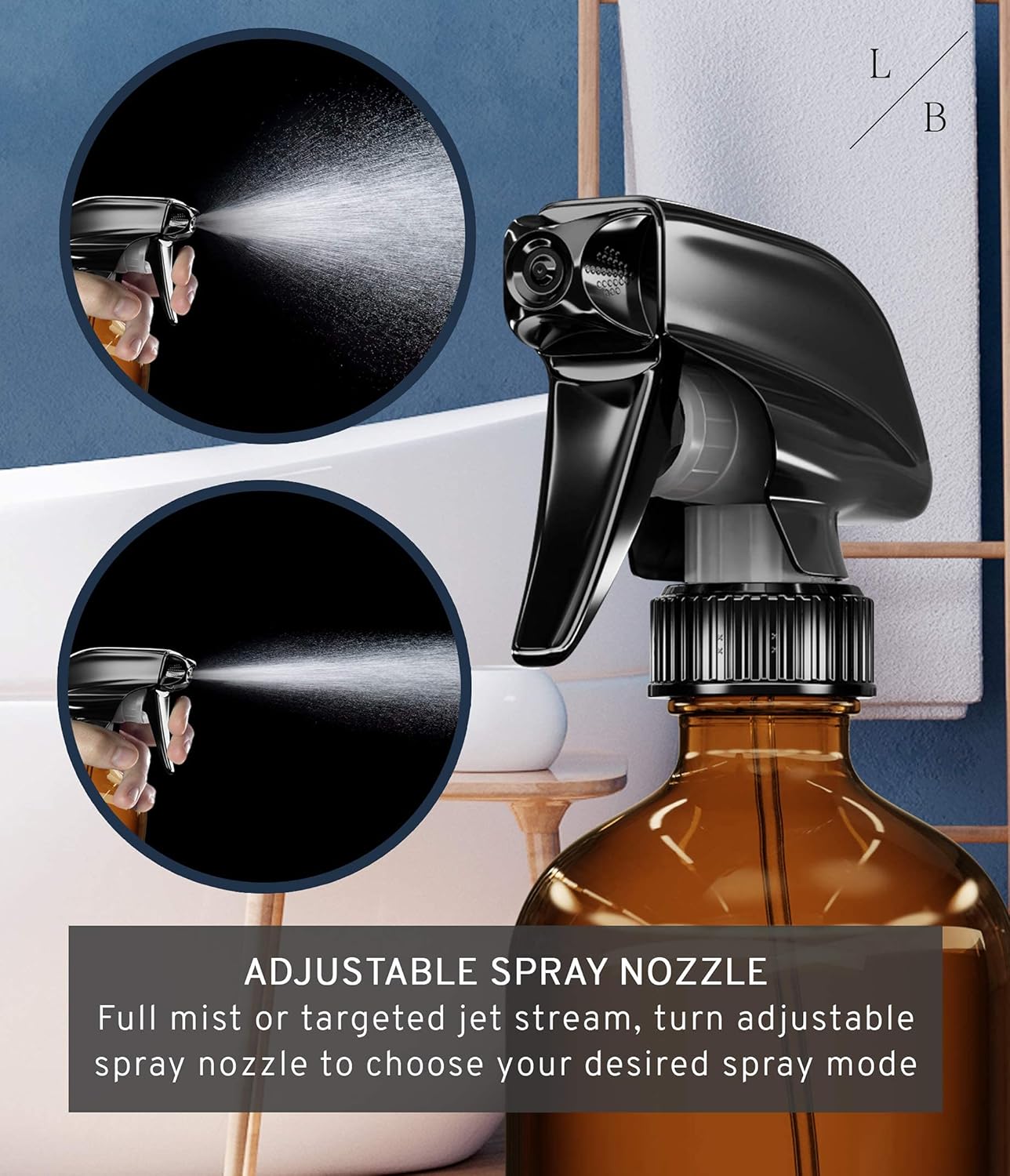 LiBa Amber Glass Spray Bottles - 16 oz Refillable Spray Bottles for Cleaning & Essential Oils | Adjustable Nozzle