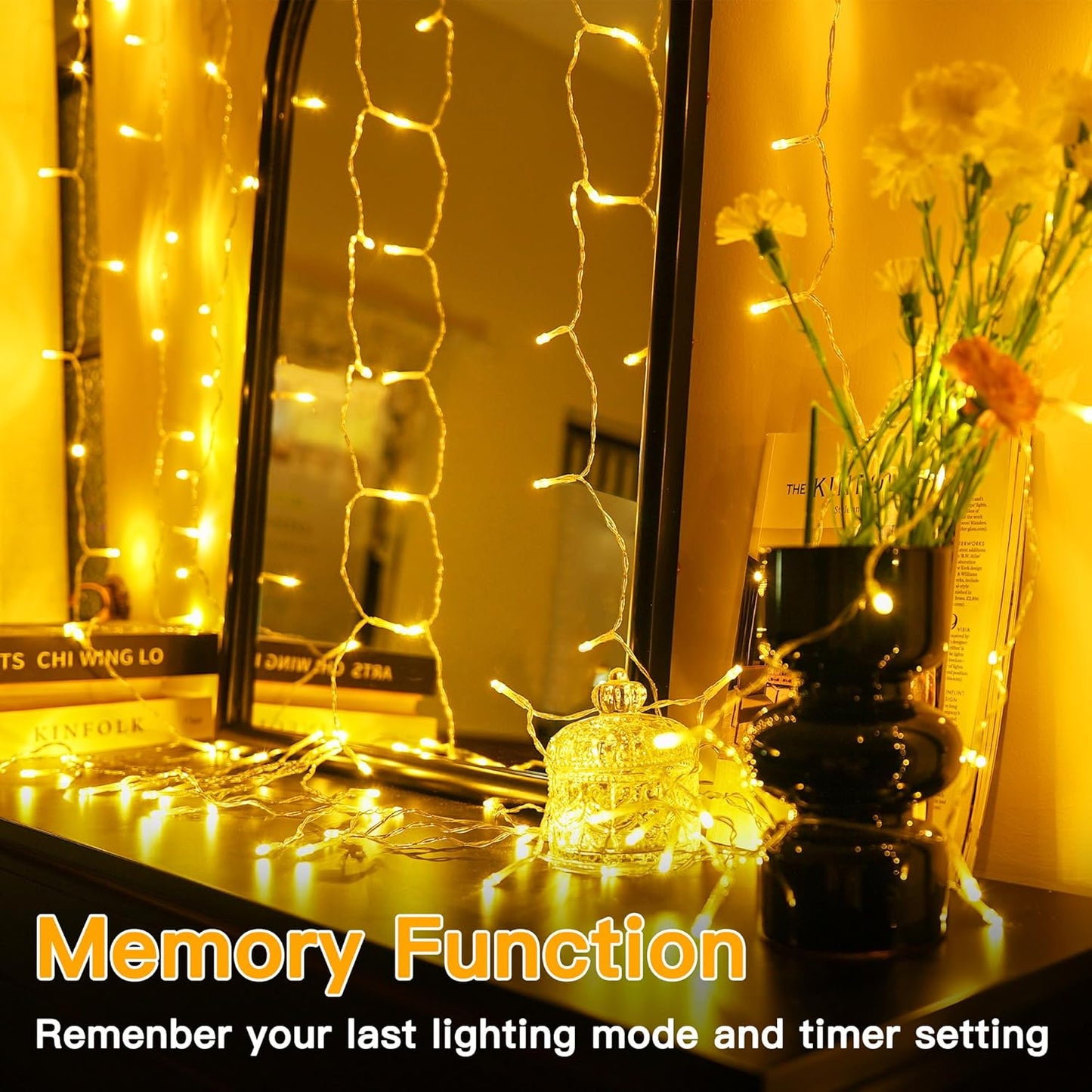 Ollny Curtain Lights - 200 LED Dimmable Fairy String Lights with Remote | 6.6x6.6ft Warm White Decor