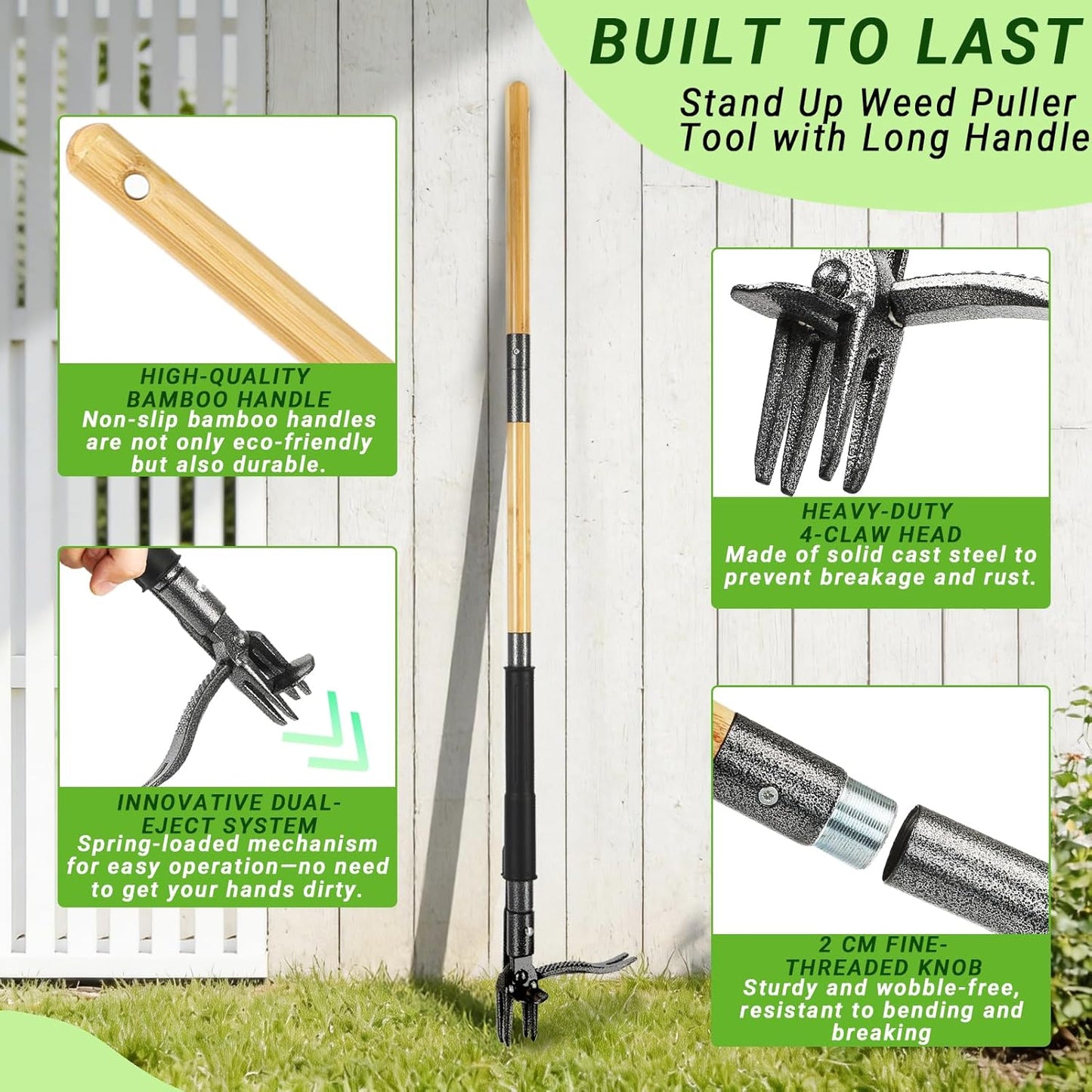 Skiennix Heavy Duty Weed Puller Tool - 4-Claw Steel Head & Dual-Eject Mechanism | 43.5" Bamboo Handle & 16 Gallon Leaf Bag