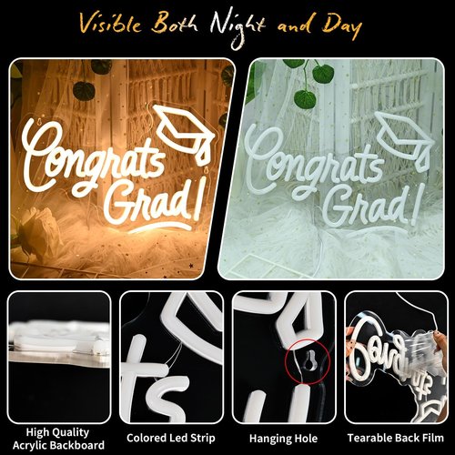 Congrats Grad Neon Sign with Graduation Cap, 16*11In Warm White Grad Light Up Led Sign for Class of 2026 Graduation Party Decorations Prom Celebration Gifts Kindergarten High School College Wall Decor