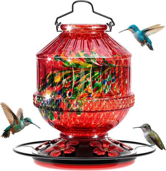 Skiennix Blown Glass Hummingbird Feeder - 25 Ounce Leak-Proof Nectar Feeder with 5 Flower Ports | Red Garden Decor