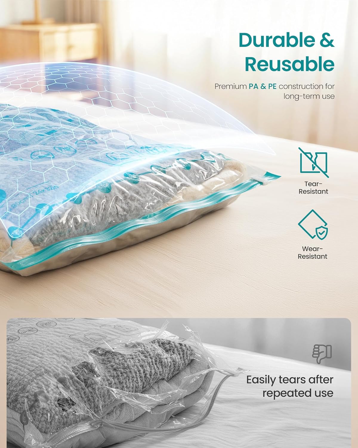 SONGMICS Vacuum Storage Bags - Rechargeable Electric Pump for Clothing & Bedding | 15 Pack, Transparent