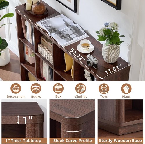 Joaxswe 12 Cube Storage Organizer - 41" Large Bookshelf with Curved Edges | Vintage Wood Bookcase in Walnut