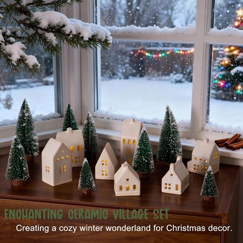 Christmas Village Set by [Brand Name] - 23 Pcs with 7 White Ceramic Houses & Remote LED Tea Lights | Farmhouse Decor for Tabletop & Mantel