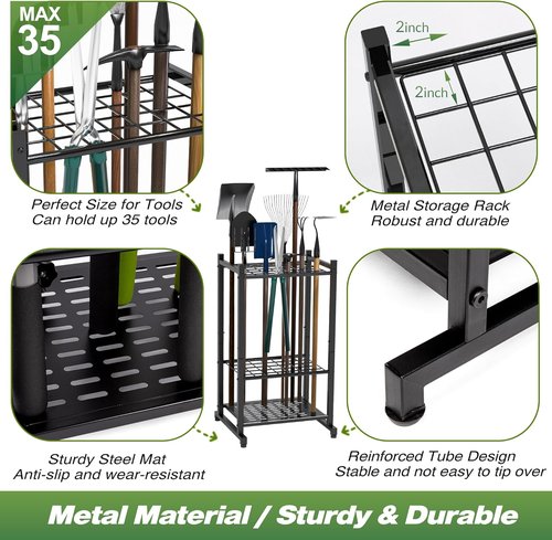 Garden Tool Organizer - Heavy Duty Steel Yard Tool Tower Rack for Up to 35 Long-Handled Tools | Black