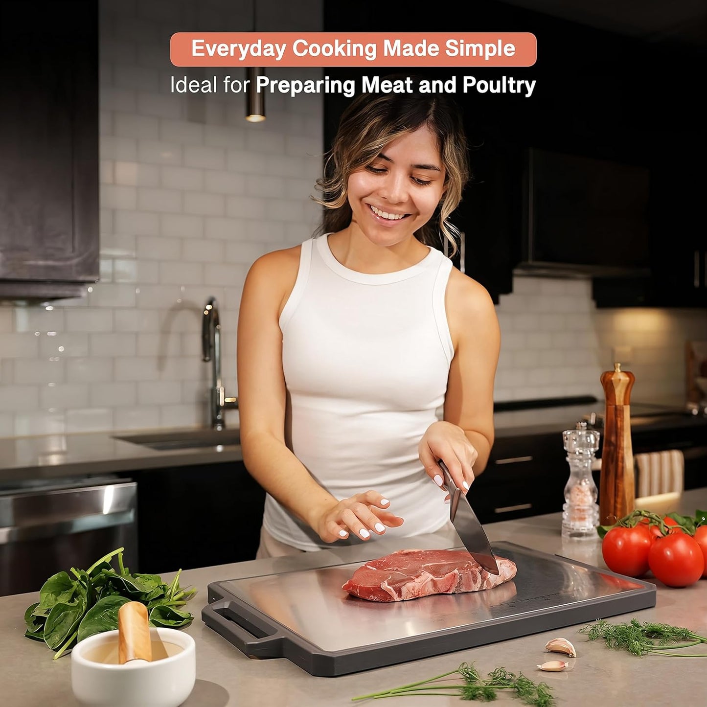 Skiennix Extra-Large Stainless Steel Cutting Board - 19"x12.6" | Dishwasher Safe with Juice Groove & Built-in Handle