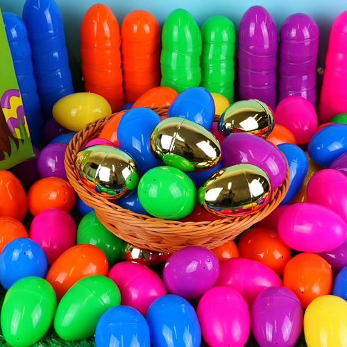 FLYSNK 50 Pack 3 Inch Large Easter Eggs Bulk Include 6 Surprise Golden Eggs, Bright Colors Fillable Plastic Easter Egg Empty for Easter Hunt, Easter Basket Stuffers Fillers Party Favors