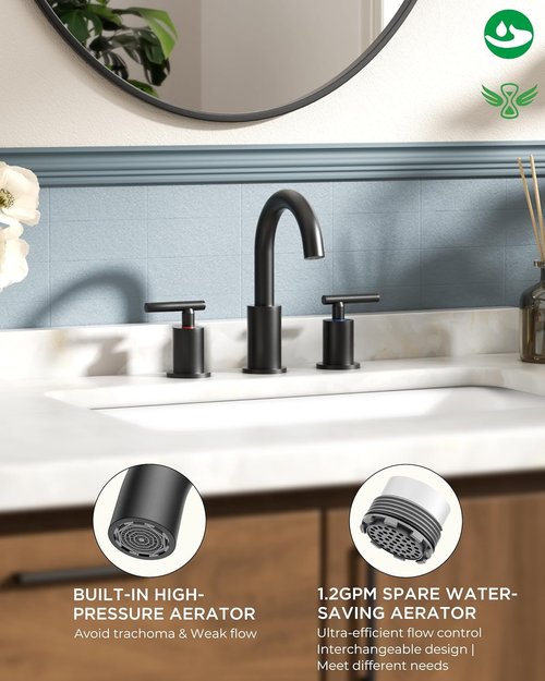 FORIOUS Black Bathroom Faucet - 8 Inch Widespread Matte Black Sink Faucet with 360° Swivel Spout | Includes Pop-Up Drain