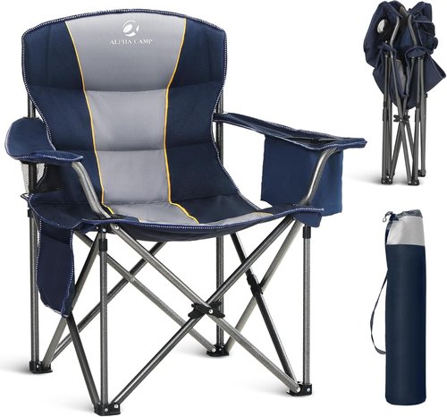 ALPHA CAMP Oversized Folding Camping Chair - Heavy Duty Portable Lawn Chair with Cooler Bag & Cup Holder | Supports Up to 450 LBS