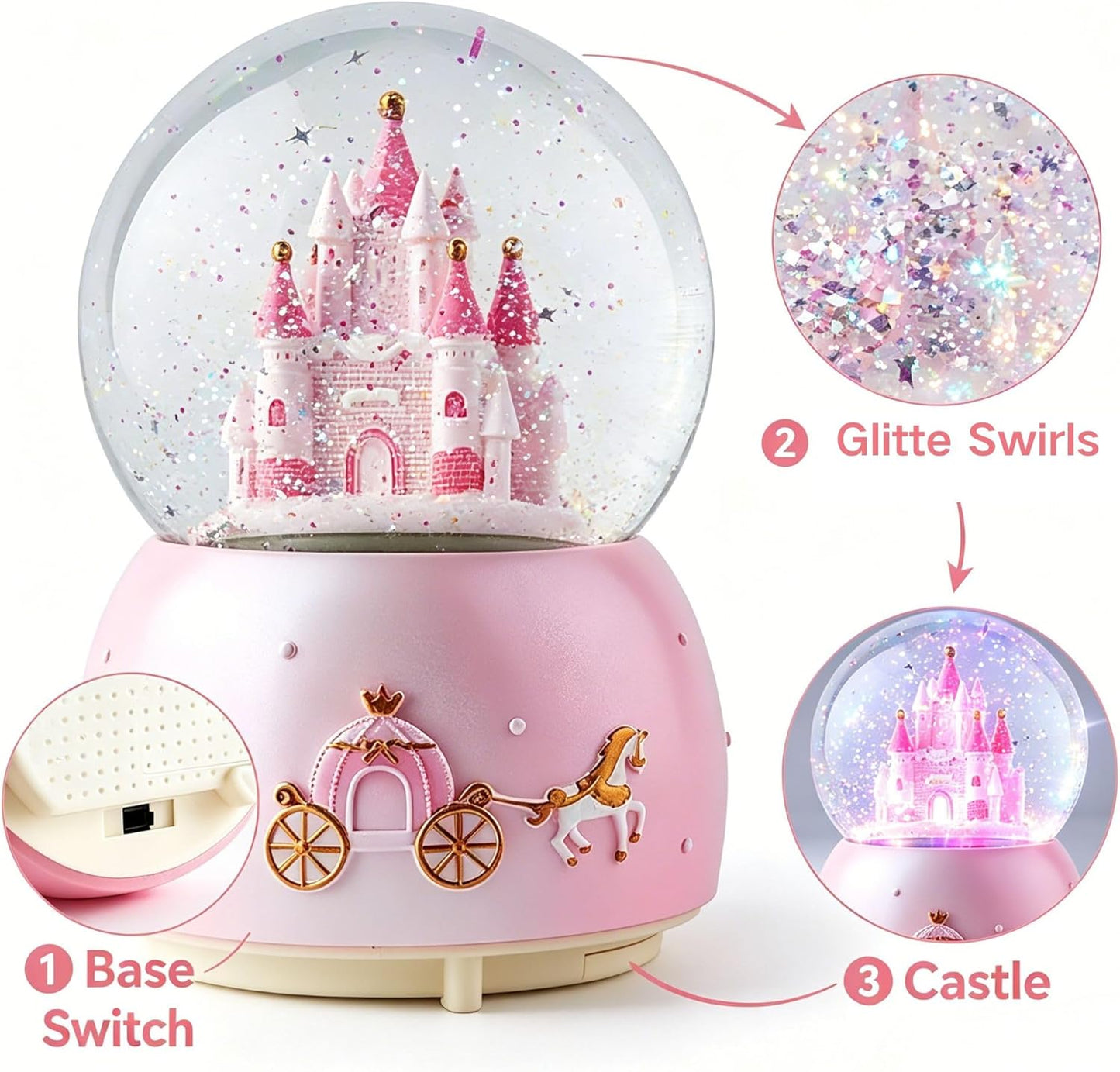 Skiennix Music Box - Crystal Carousel Rotating Unicorn Snow Globe with Colorful LED Light | Castle Pink