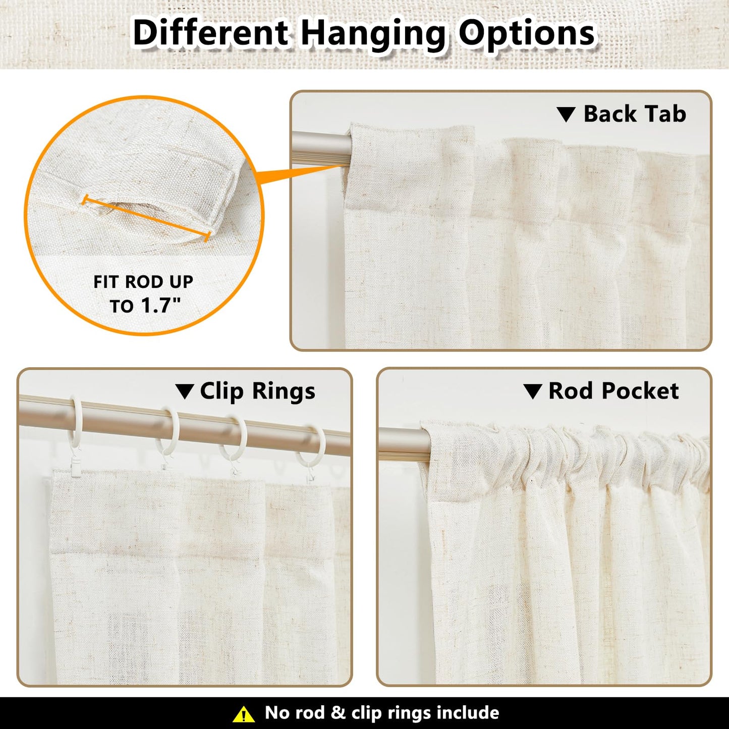 MYSKY HOME Linen Curtains for Sliding Glass Door, Back Tab Semi Sheer Curtain Panels Extra Long Floor Length Drapes Linen Texture Soft Touch Country Curtains, 50x102 Inch, Linen, Set of 2