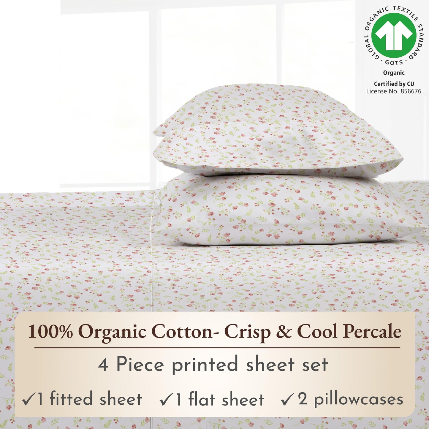 California Design Den Full Sheet Set Floral, 100% Organic Cotton Percale Sheets, Deep Pocket Full Sheets & Pillowcase Set - Floral