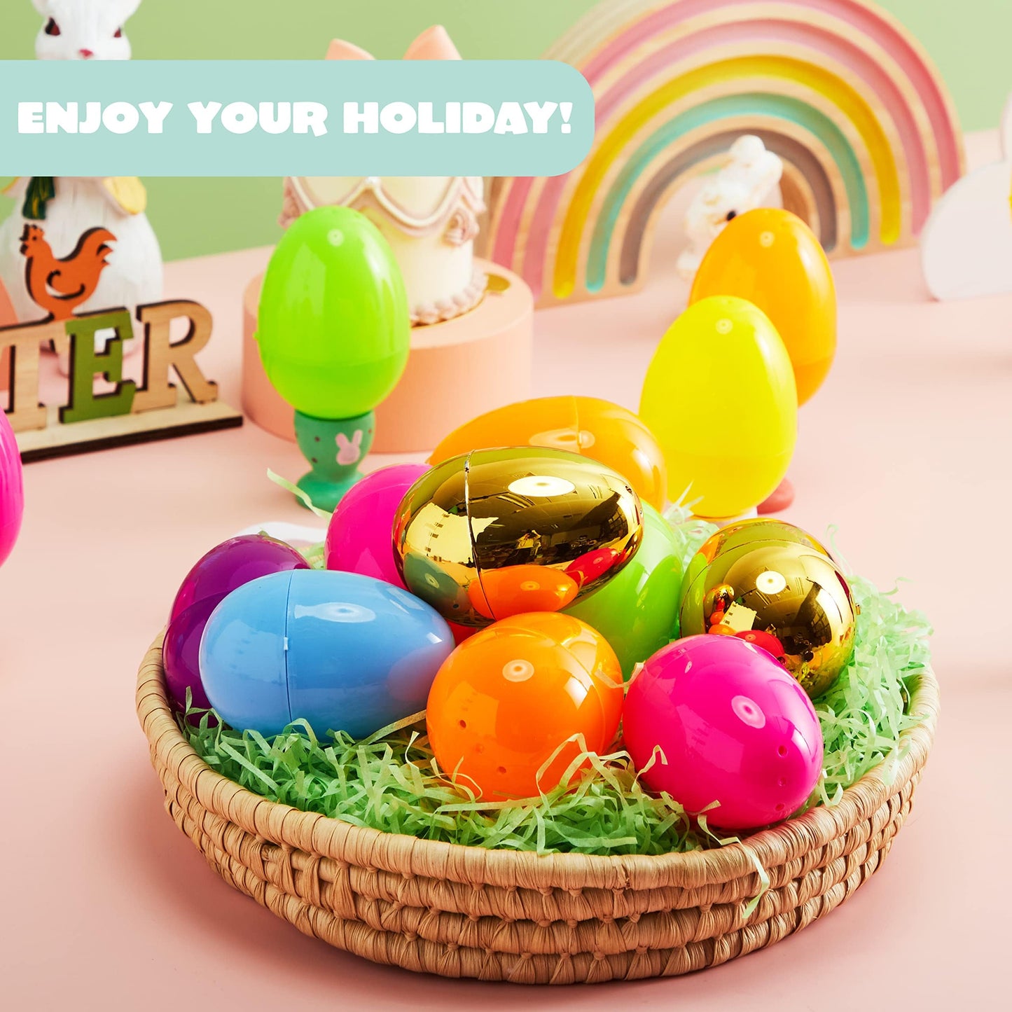 JOYIN 3.15" 144 PCS Plastic Easter Eggs 6 Golden Eggs, Large Empty Eggshells Fillable for Easter Hunt, Parties, Basket Stuffers Filler, Classroom Prize Supplies