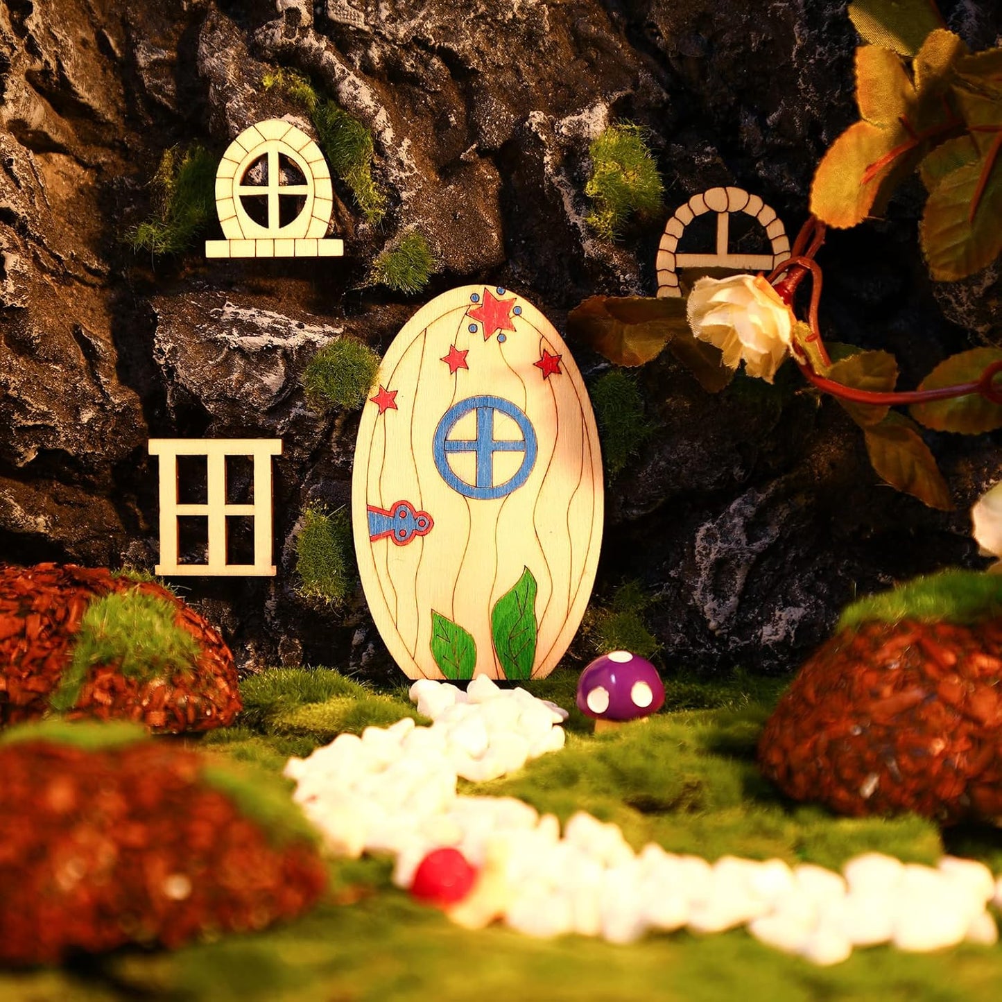 Skiennix Fairy Door Mini Wooden Garden Kit - 64 Unfinished Craft Doors & Windows for DIY Decor